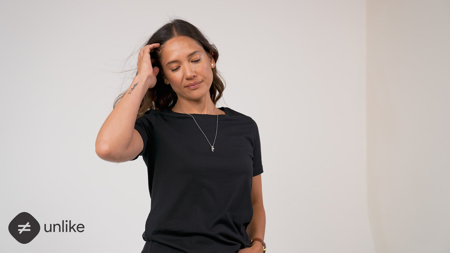Load and play video in Gallery viewer, Women Pima Crew Neck Black Tee