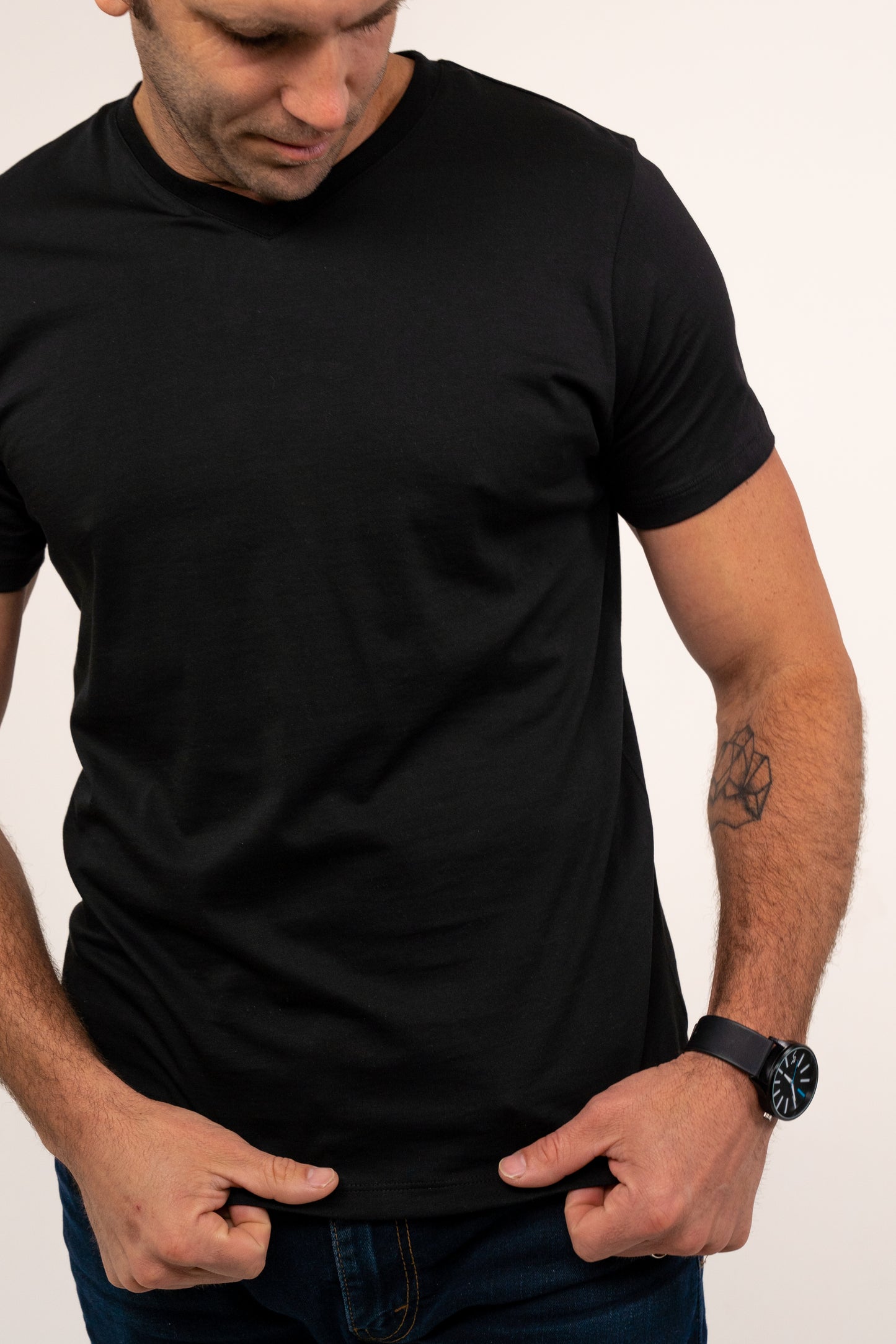 
                  
                    Men Pima V-Neck Black Tee
                  
                